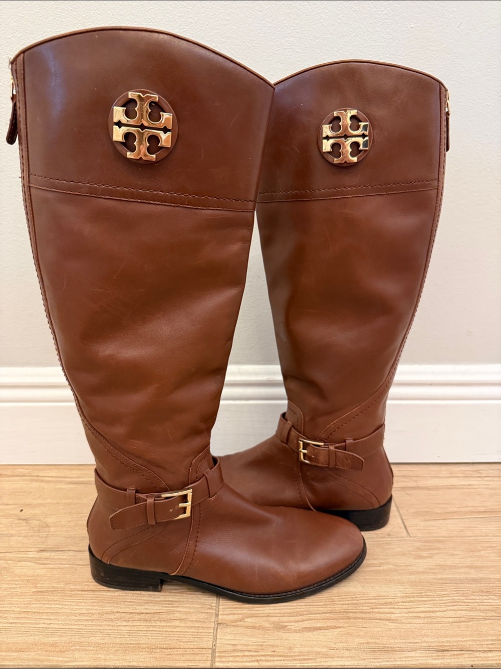 Tory Burch Adeline Brown Leather Tall Riding Boots Size 9.5 M Side Zip Classic
